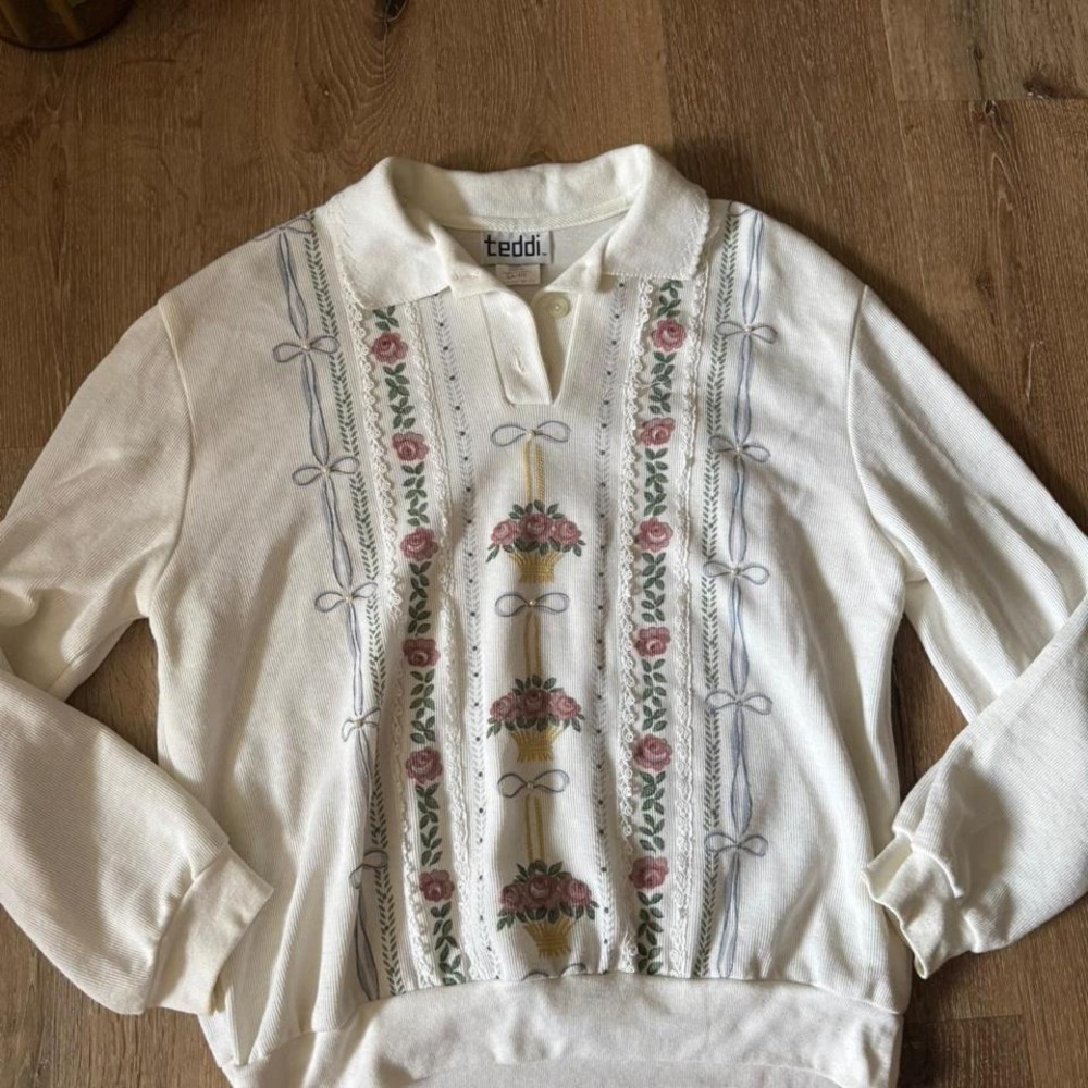 Vintage Teddi Cottage Core Beaded Sparkle Floral Sweater Size L